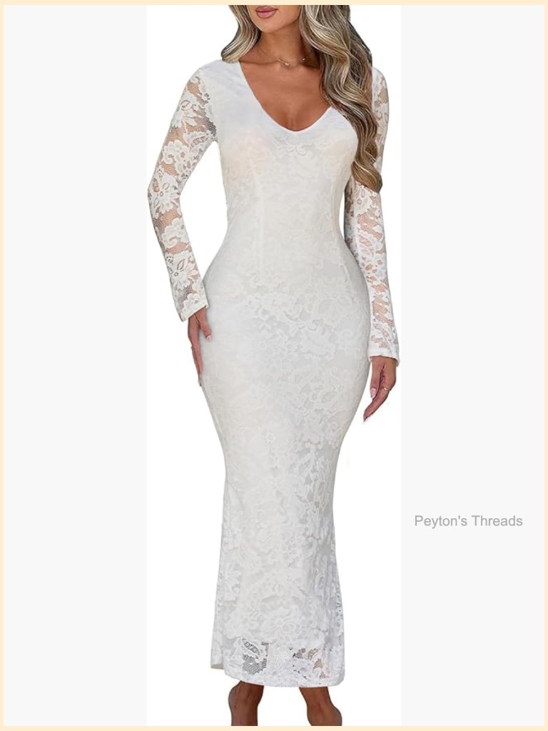 Women Bodycon Maxi Dress Floral Lace Elegant Flare Sleeve Formal Wedding Guest